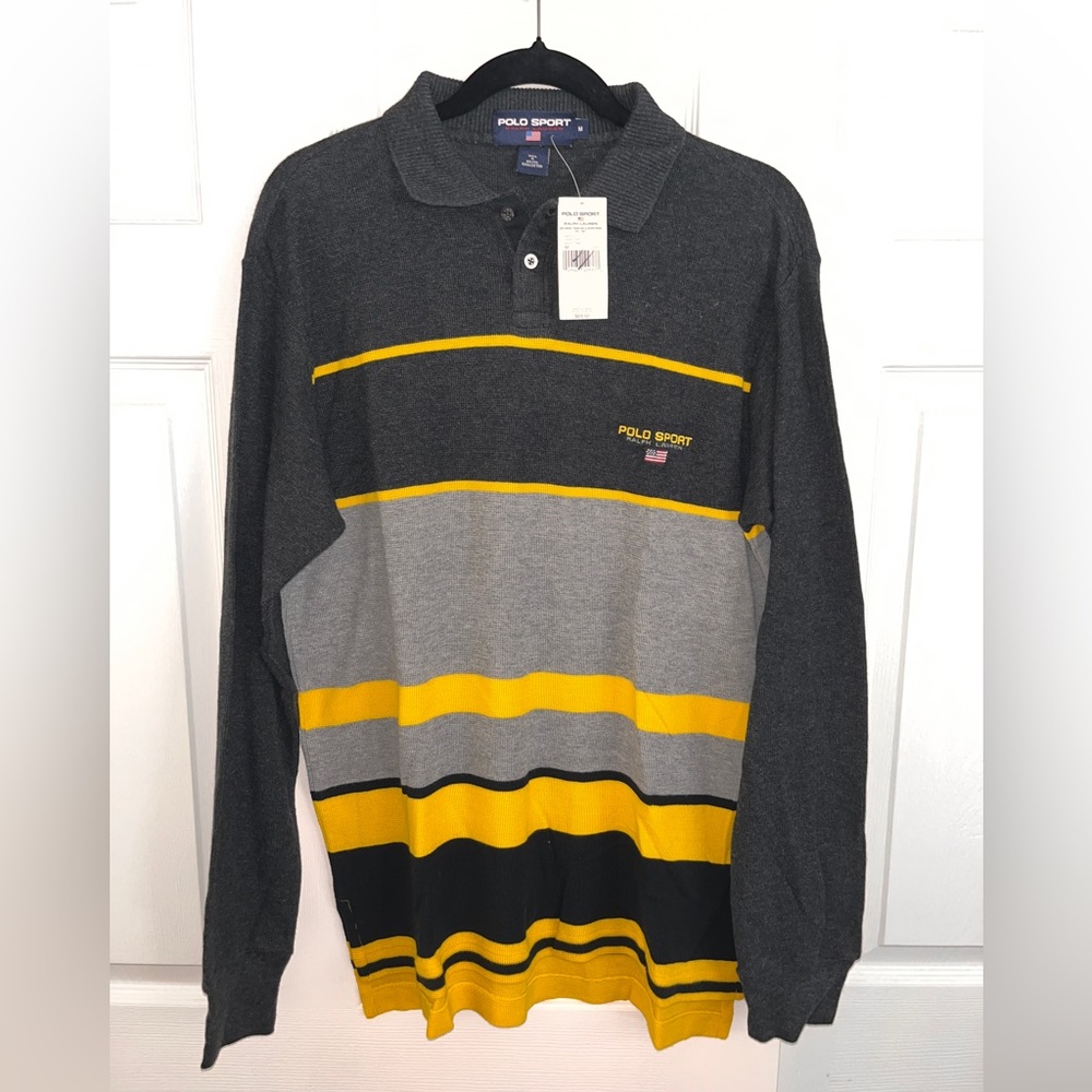 Polo Sport Long Sleeve Sweater SZ MED Ralph Lauren Waffle Knit Grey/Yellow NWT